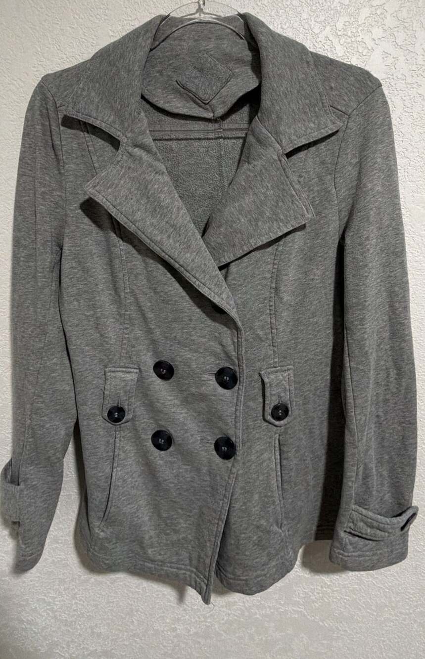 Jou Jou Sweatshirt Pea Coat Size L Gray Fleece Double Breasted